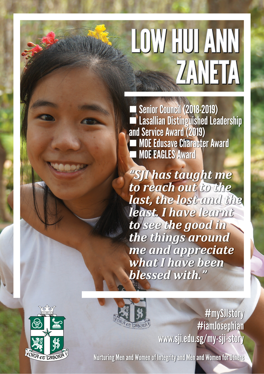 A smiling girl with flowers in her hair is featured on an SJI school poster for student Low Hui Ann Zaneta.